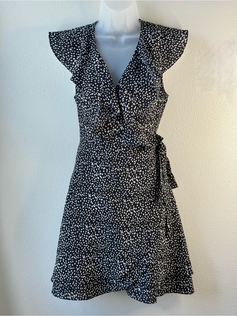 THML Ruffle Wrap Mini Dress Black White Dots Flutter Sleeves Small